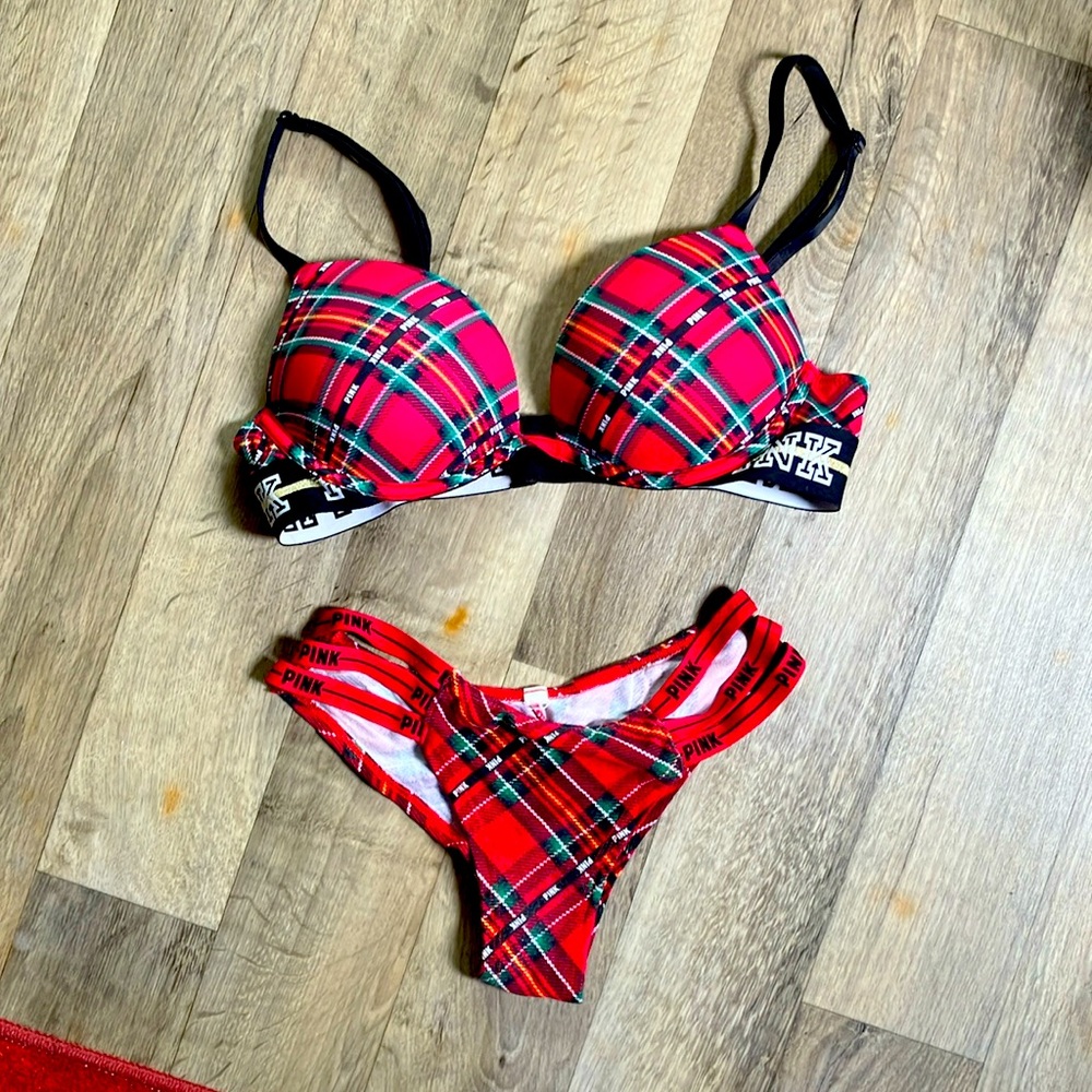 VS PINK Plaid 32B Ultra Push Up Bra w/Matching Cheeky Panty